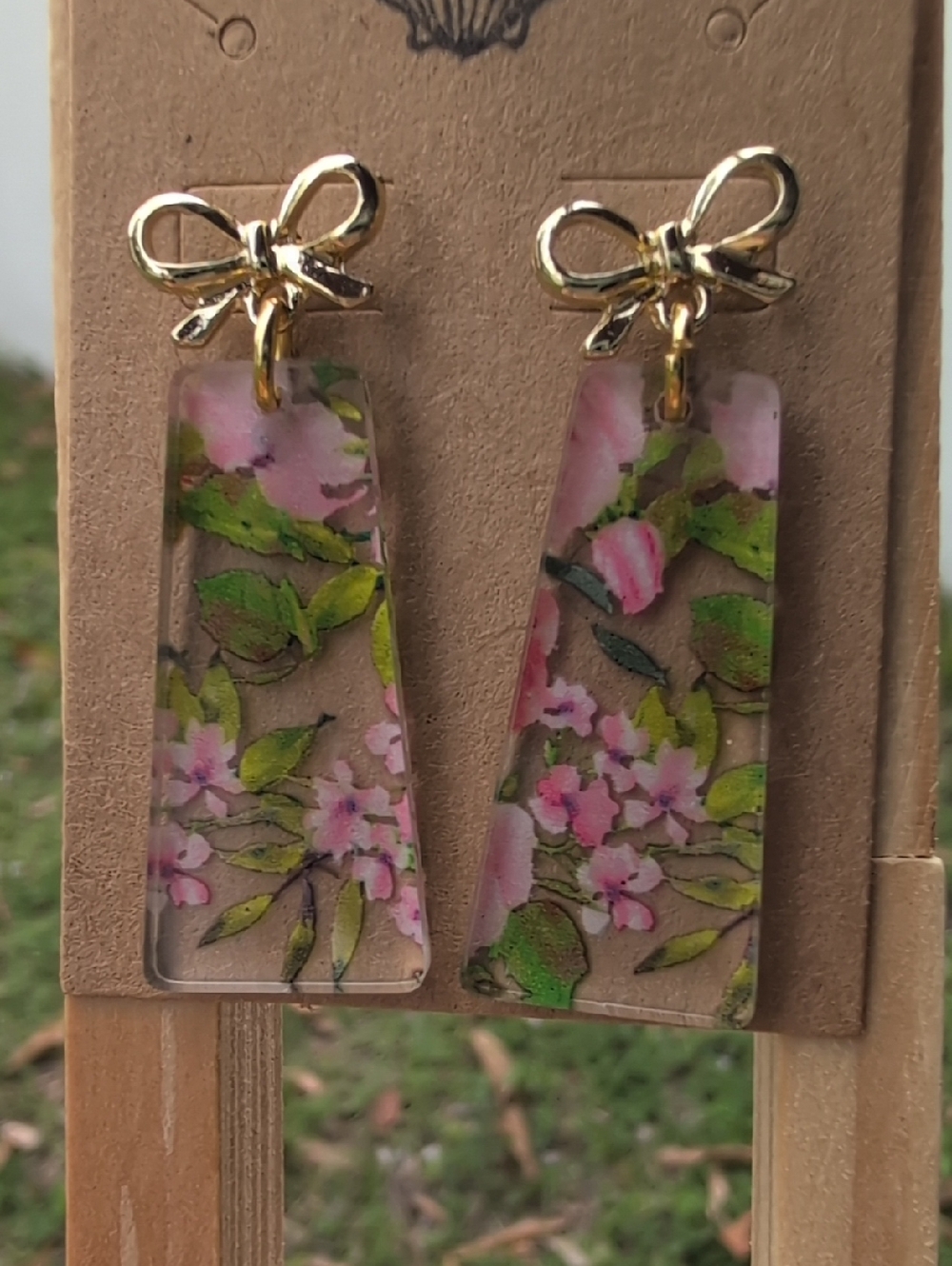 Floral Pink Green Acrylic Drop Earrings with Gold Bow
